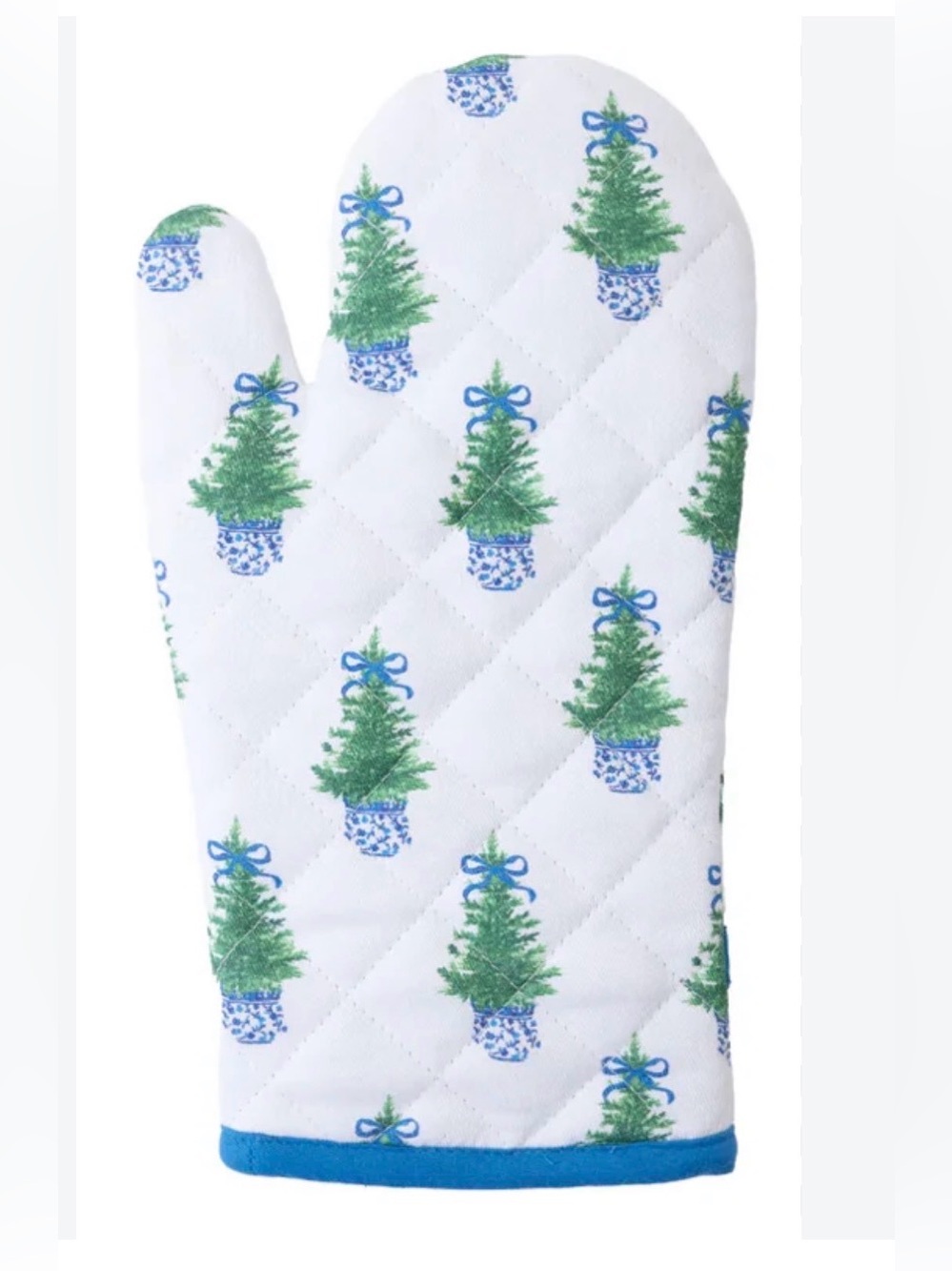 Holiday Tree Quilted Oven Mitt - White and Green Mary Square 2 piece ginger jar